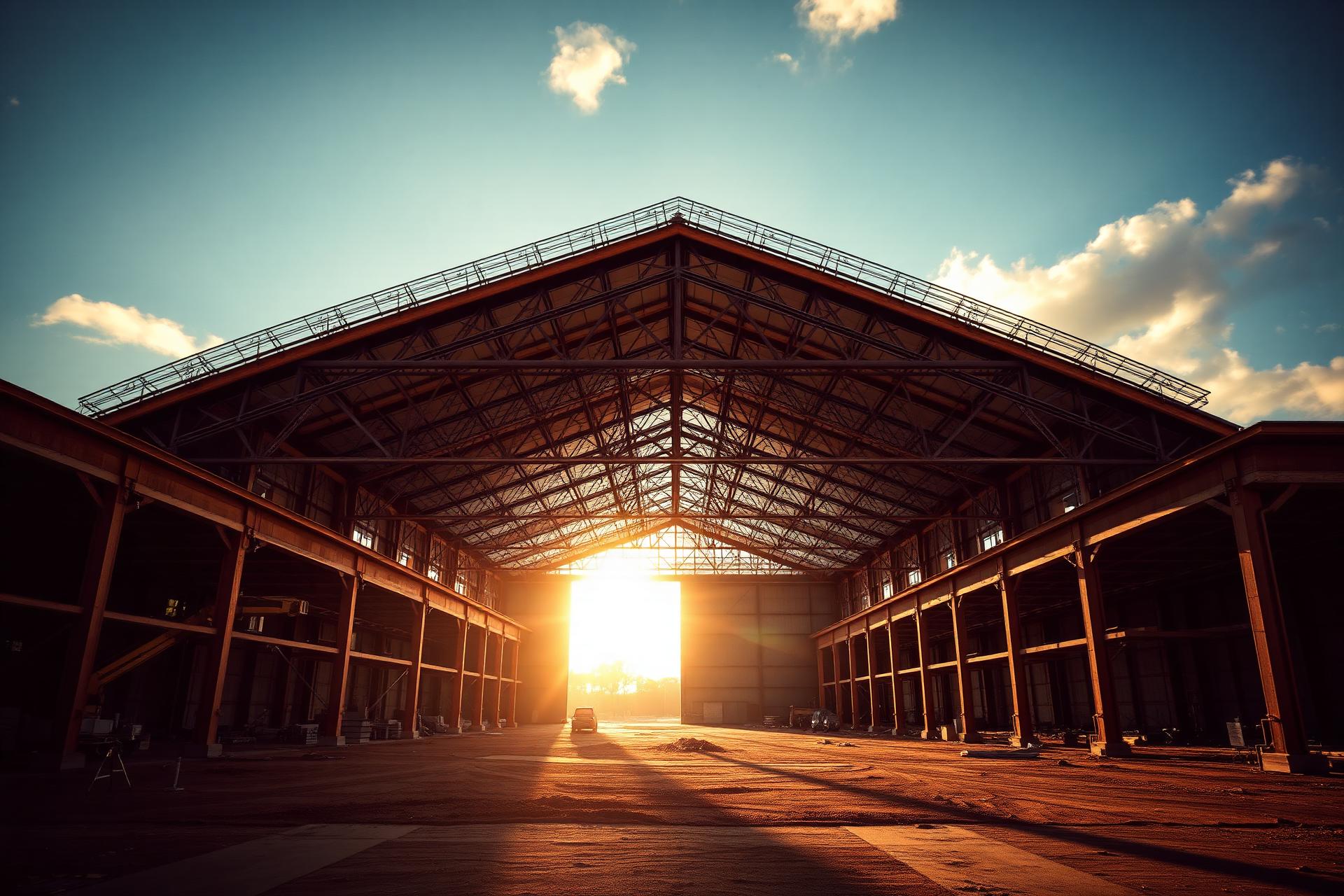 Charpente d'un hangar industriel au coucher du soleil